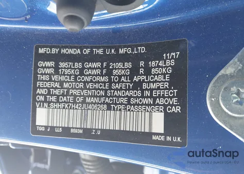 2018 Honda Civic Sport из США, поврежденный, VIN SHHFK7H42JU406268